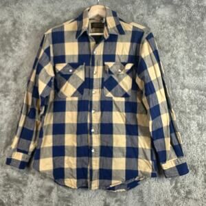 Vintage 90s Eddie Bauer Blue Tan Check Plaid Button Down Cotton Shirt M Men's